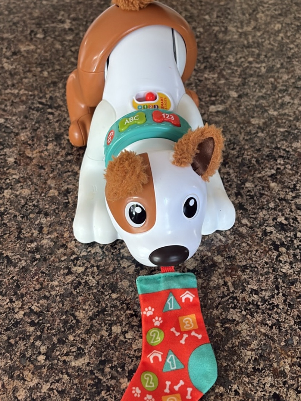 Target Brown and White Puppy Pull Toy with Teal Collar and Red Stocking